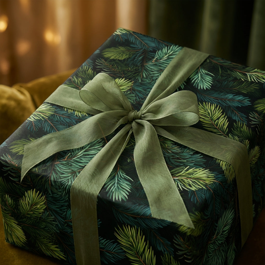 Wrapped gift box with elegant green pine branch Christmas wrapping paper and sage green ribbon.