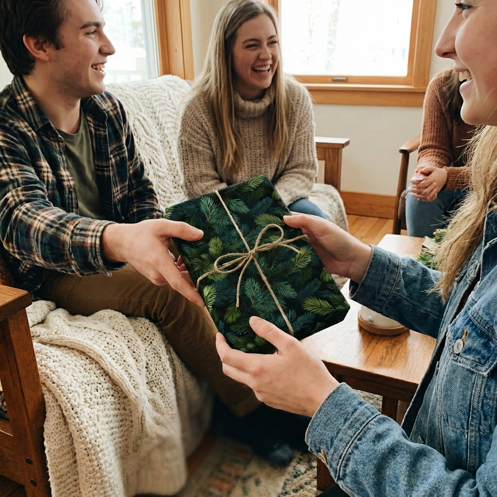 Friends exchanging a gift wrapped in Christmas wrapping paper with green pine needles and twine.