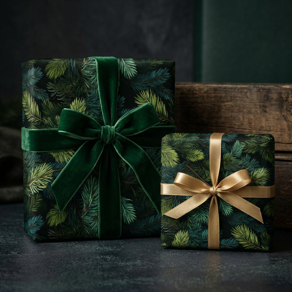 Christmas wrapping paper on two gift boxes with green and gold ribbons on a dark background. Evergreen Colorado Spruce pattern on paper.