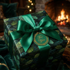 Elegant Christmas gift wrapped in festive evergreen print paper with a satin green bow and "For You" tag.