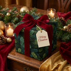 Christmas gift wrap: Square present with pine tree wrapping paper and red velvet ribbon.