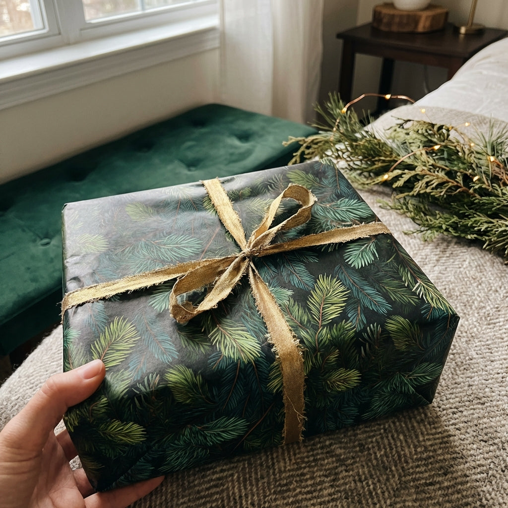 Hand holds a gift wrapped in festive evergreen Christmas gift wrap with gold ribbon.