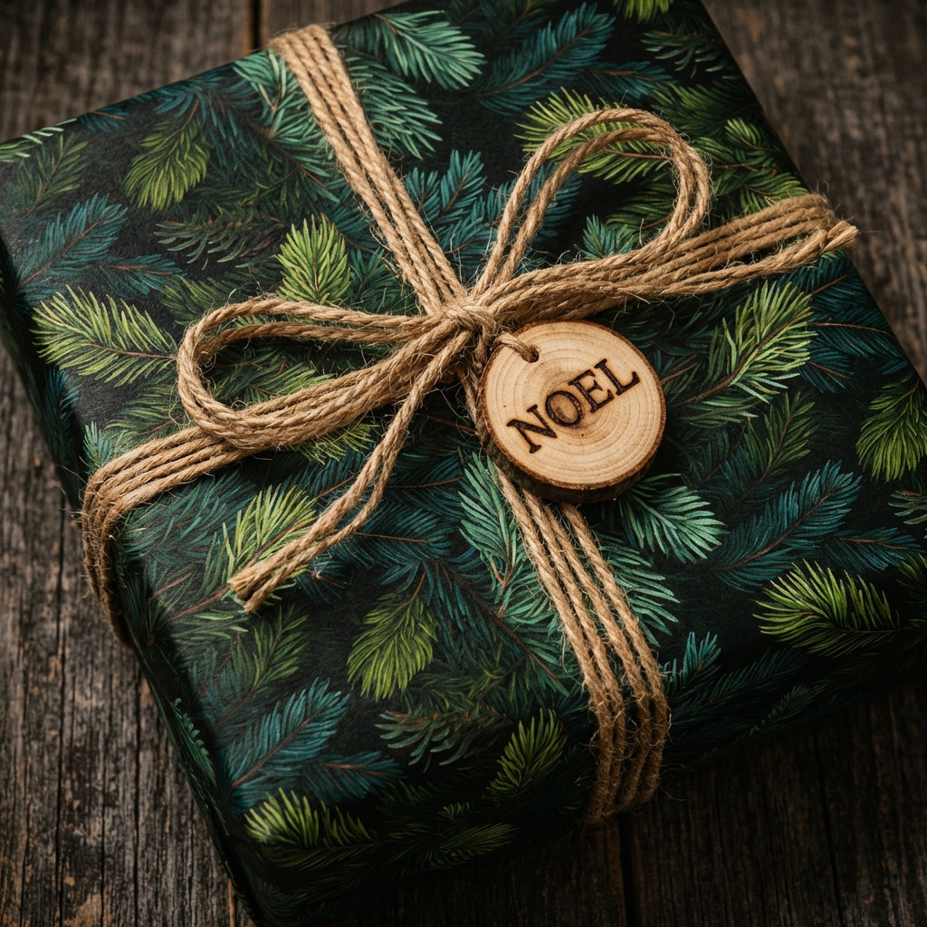 Square Christmas gift wrapped in green botanical wrapping paper with a rustic twine bow and wood tag.