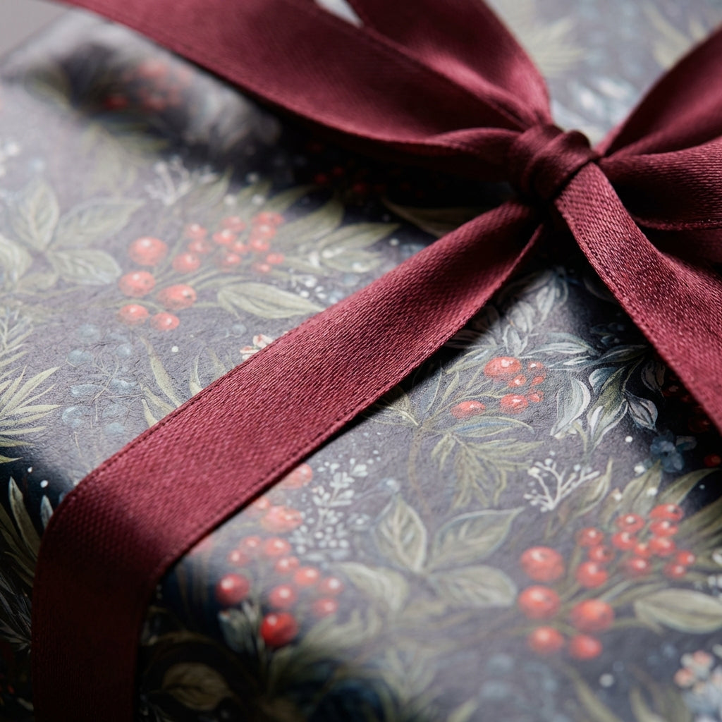 Close-up of a Wrapped Studios gift in floral Christmas wrapping paper with a burgundy ribbon.