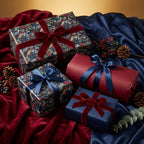 Wrapped Studios Christmas gift wrap with festive floral and solid patterns, velvet and satin ribbons.