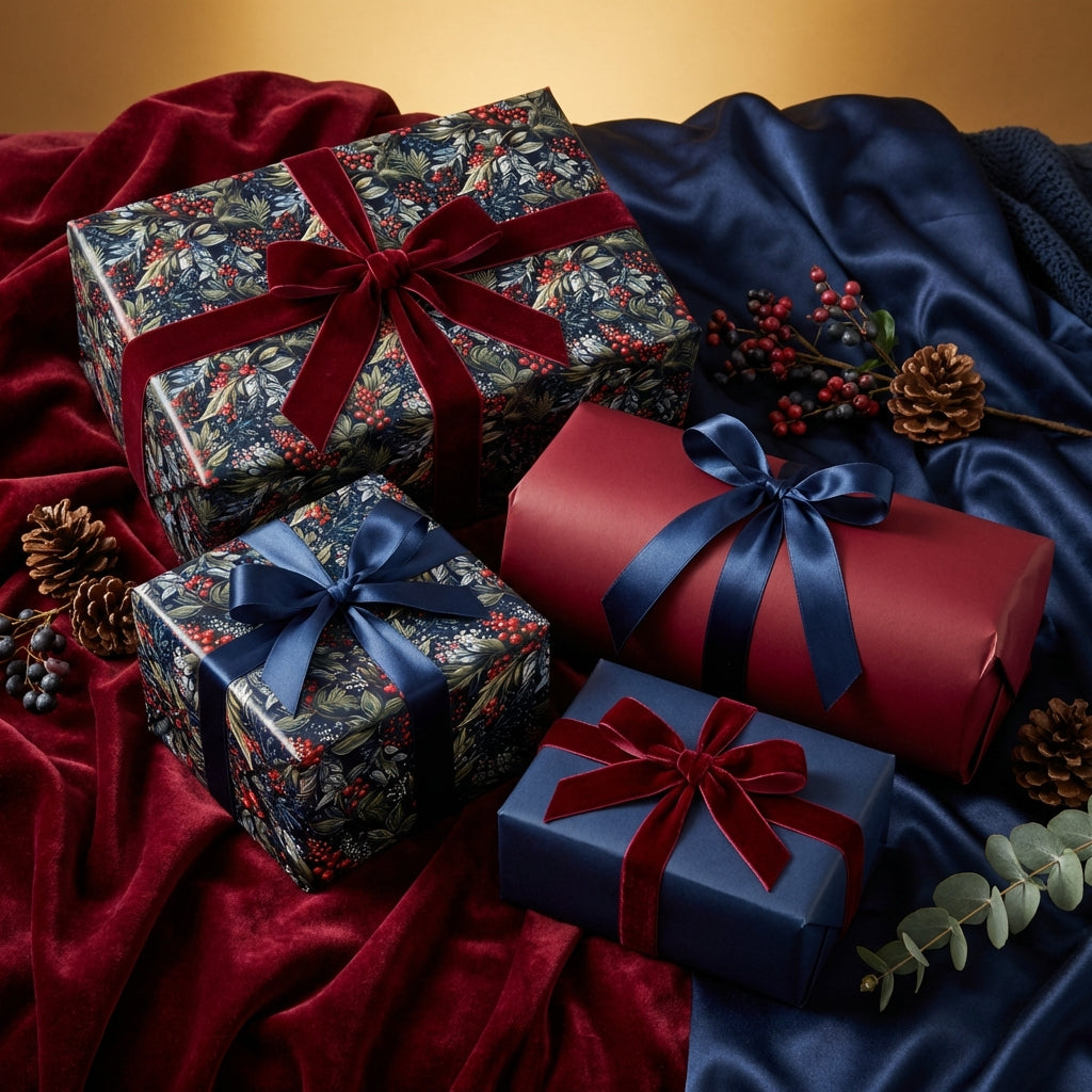 Wrapped Studios Christmas gift wrap with festive floral and solid patterns, velvet and satin ribbons.