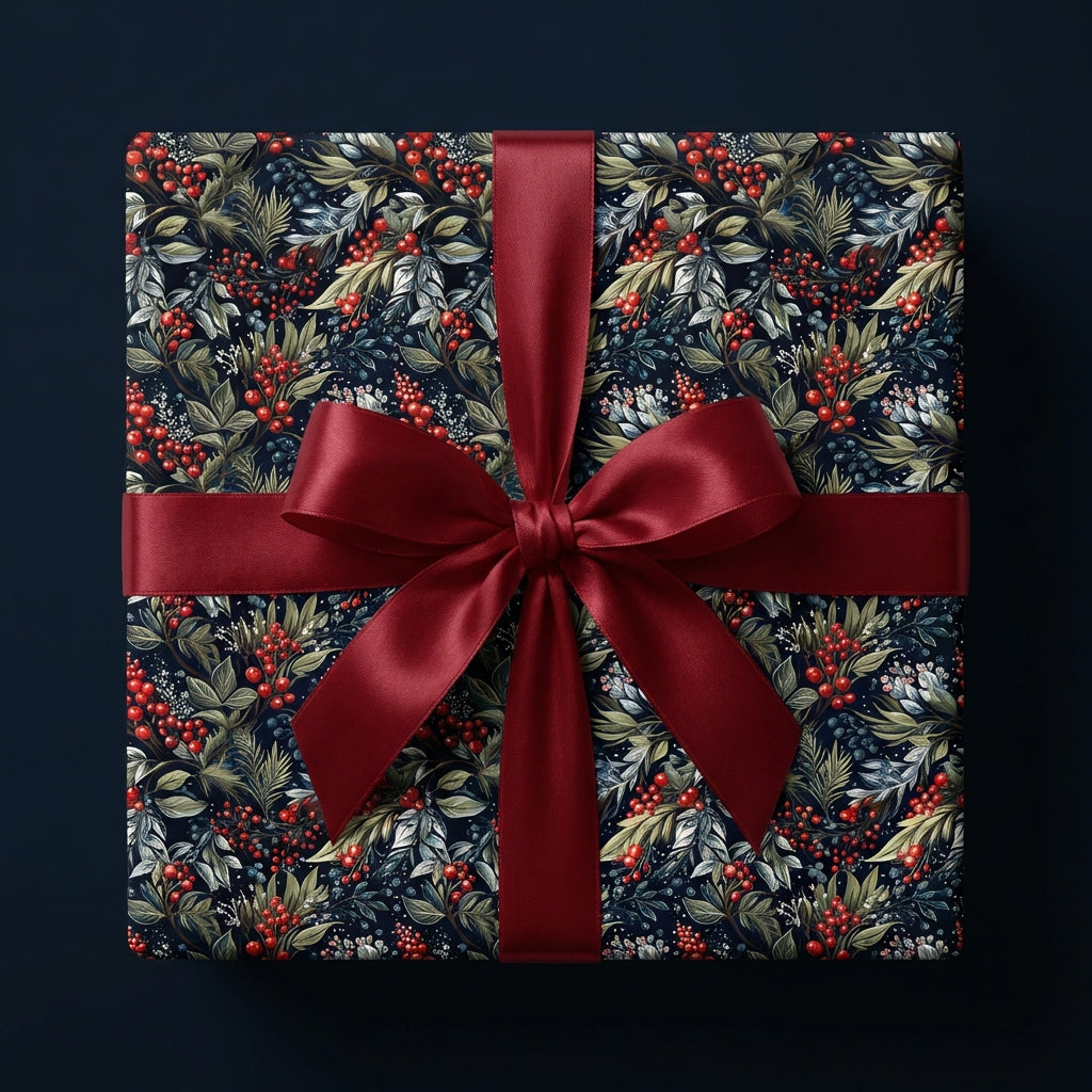 Elegant floral wrapping paper with red ribbon bow. Perfect for Christmas or birthday gifts. Wrapped Studios.