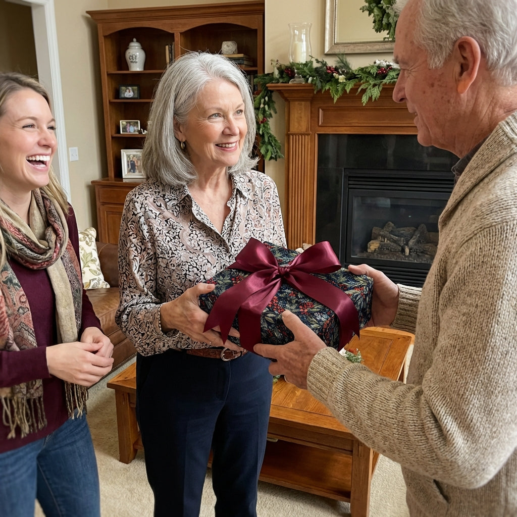 Woman receives a Wrapped Studios gift wrapped in navy floral paper with a burgundy bow.