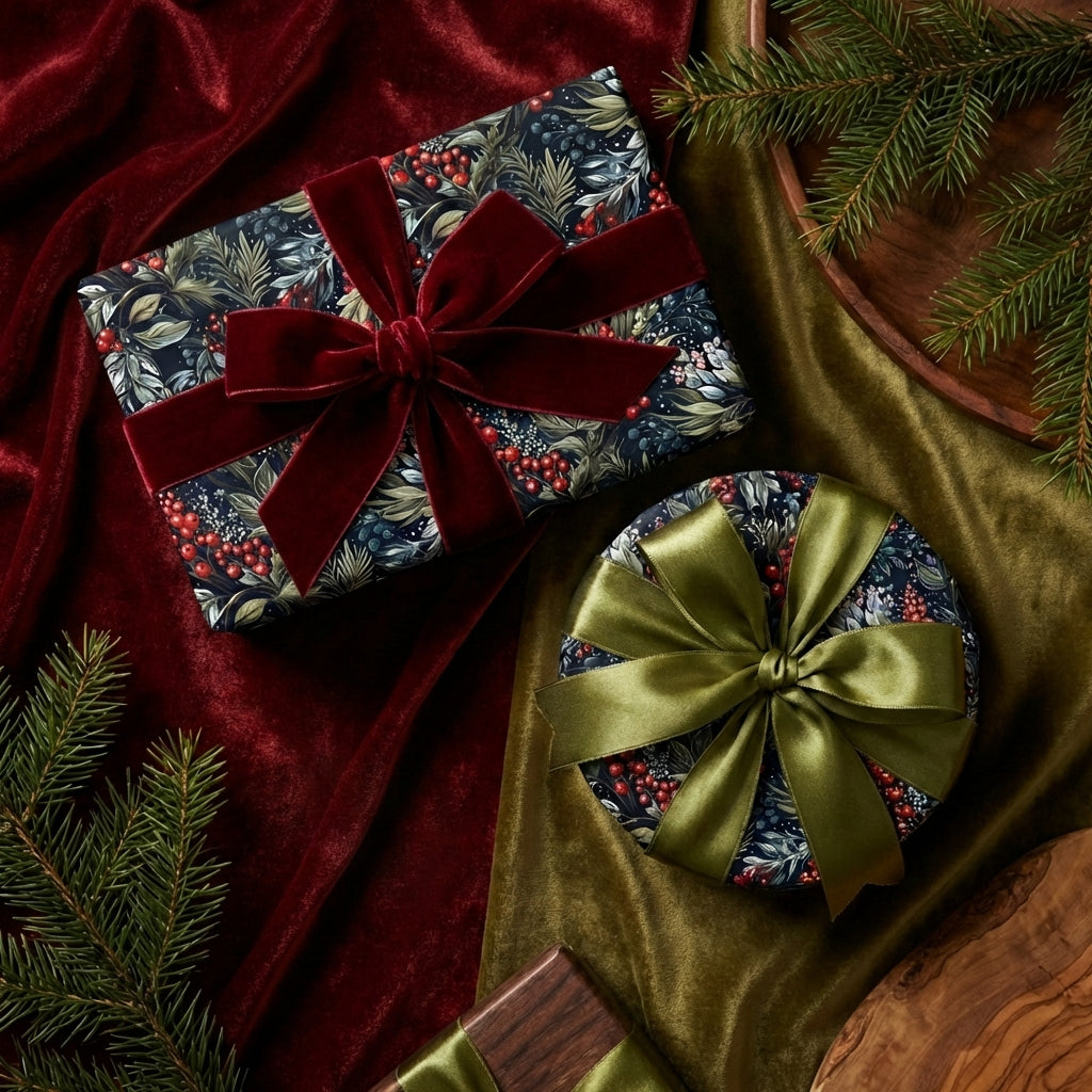 Elegant Christmas gift wrap with red berry and leaf pattern, velvet ribbon.
