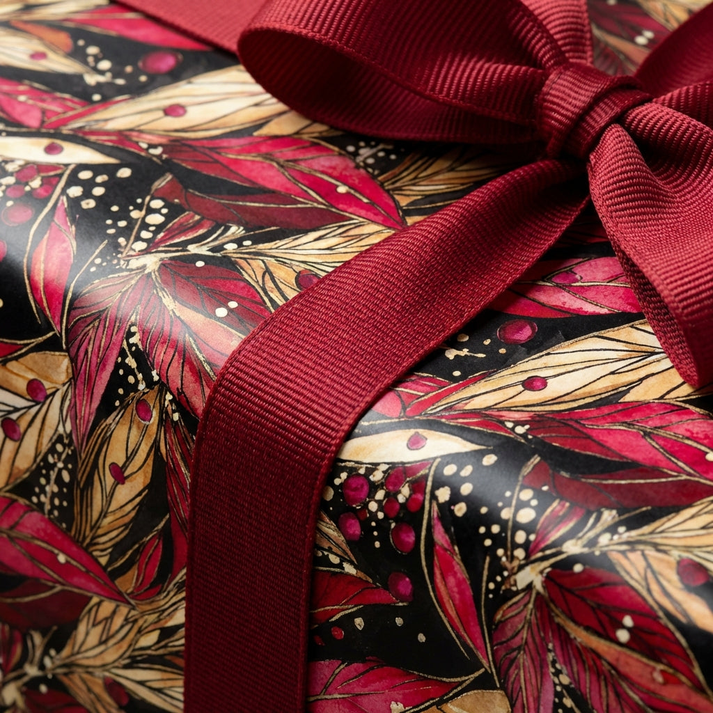 Elegant floral wrapping paper with red ribbon. Perfect luxury gift wrap for the holidays from Wrapped Studios.