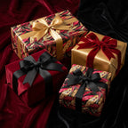 Luxury gift wrap with gold and red floral wrapping paper and velvet ribbons.