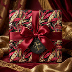 Luxury floral wrapping paper on a square gift with a ruby satin bow and a "For You" tag.