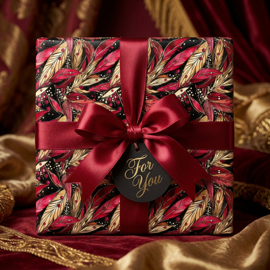 Luxury floral wrapping paper on a square gift with a ruby satin bow and a "For You" tag.