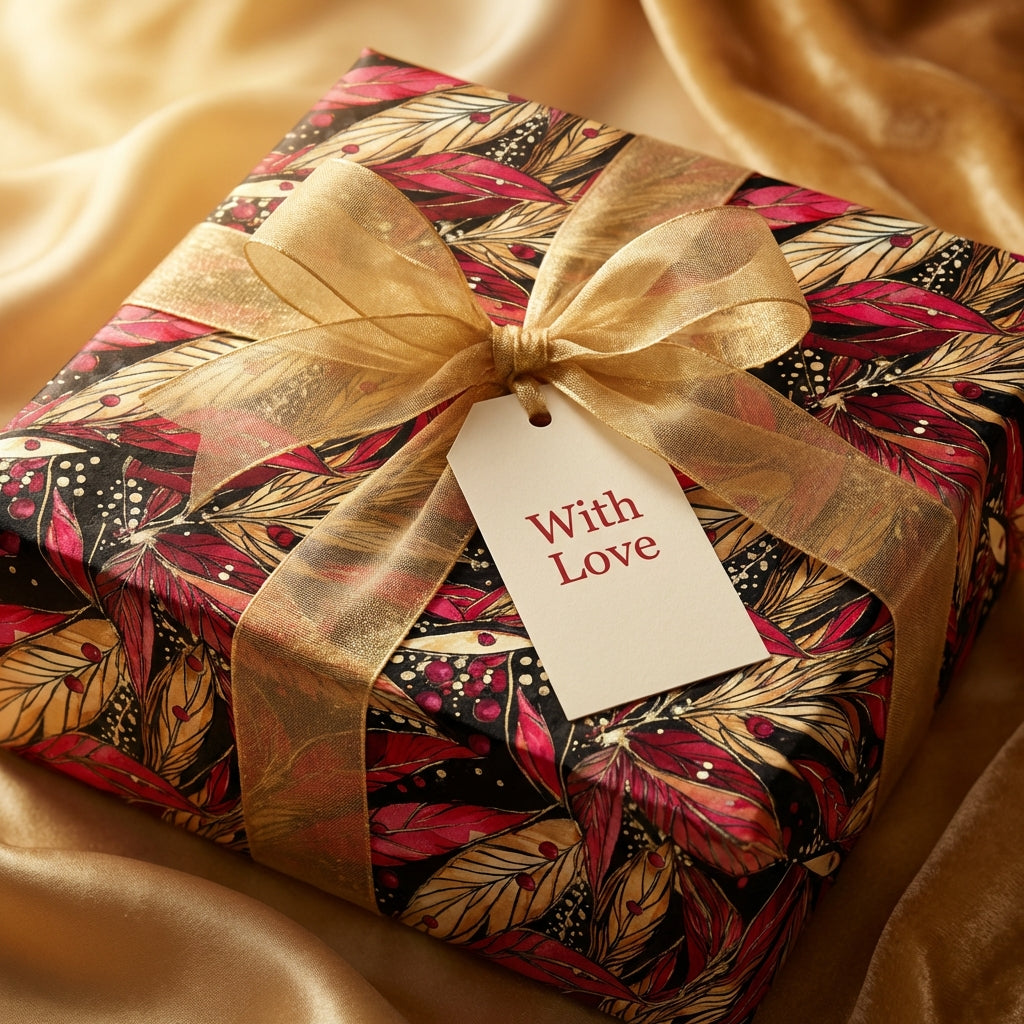 Elegant gift wrapped in floral wrapping paper with a gold ribbon and "With Love" tag.