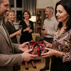 Woman receiving a gift wrapped in luxury black and red floral wrapping paper with a ribbon bow.