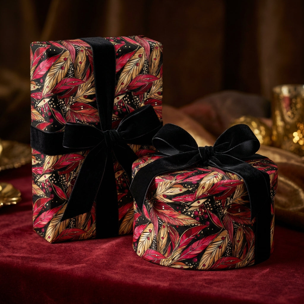 Elegant gifts wrapped in red and gold leaf wrapping paper with a black velvet bow.