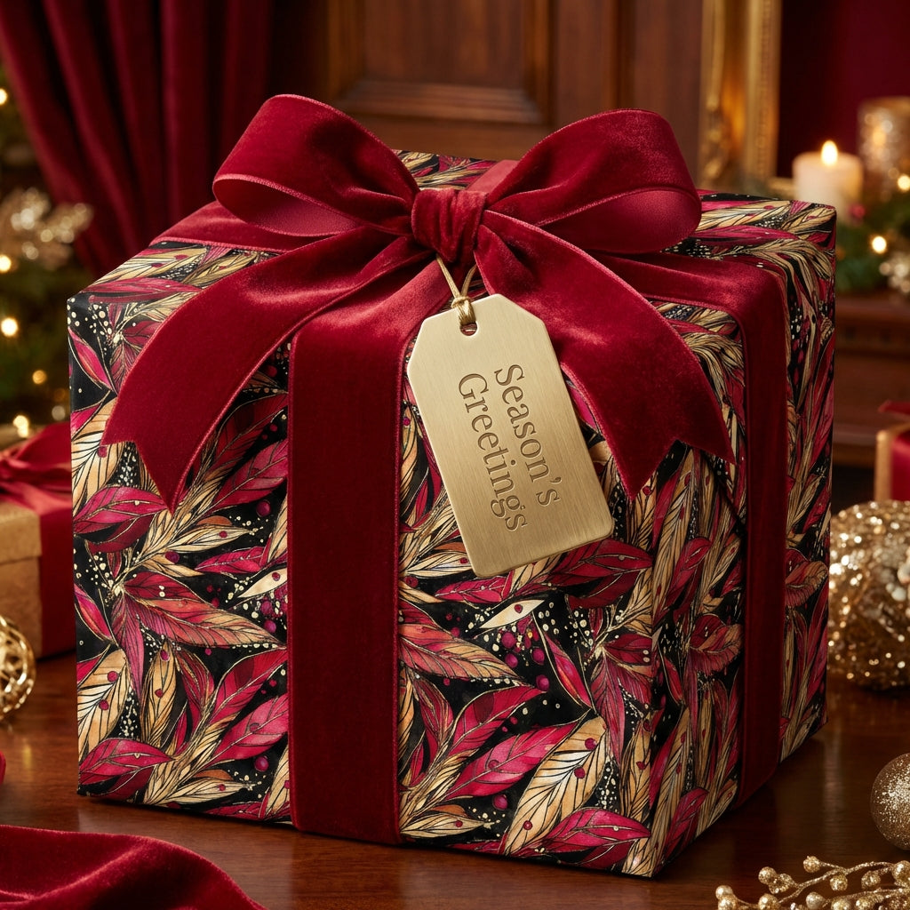 Elegant Christmas gift wrapped in floral holiday paper with red velvet ribbon and "Season's Greetings" tag.