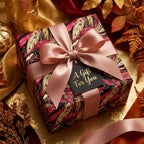 Elegant floral wrapping paper in red and gold, tied with a blush ribbon and "A Gift For You" tag.