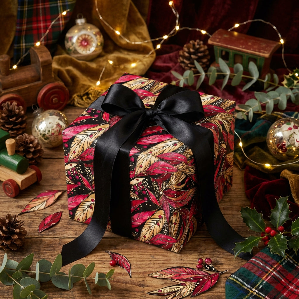 Elegant floral Christmas gift wrap with black ribbon by Wrapped Studios.