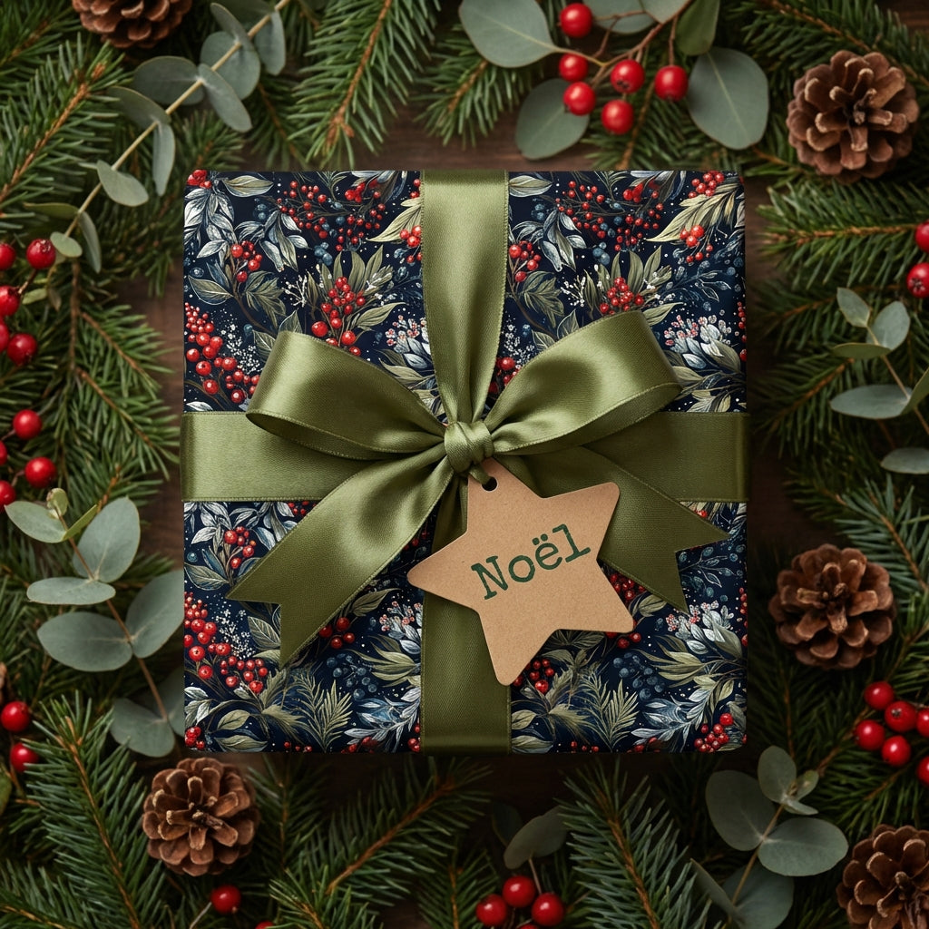Elegant Christmas gift wrap with a navy floral pattern, olive ribbon, and “Noël” tag.