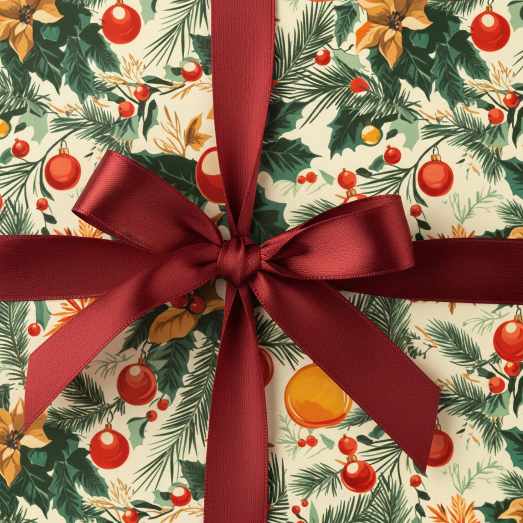Close-up of a Christmas gift wrapped in floral holiday paper with a burgundy satin bow.