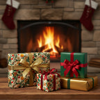 Elegant Christmas gift wrap with floral & solid designs, gold and red ribbons, set against a cozy fireplace scene.