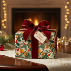 Elegant Christmas gift wrapped in festive floral paper with red velvet ribbon and "Happy Holidays" tag.