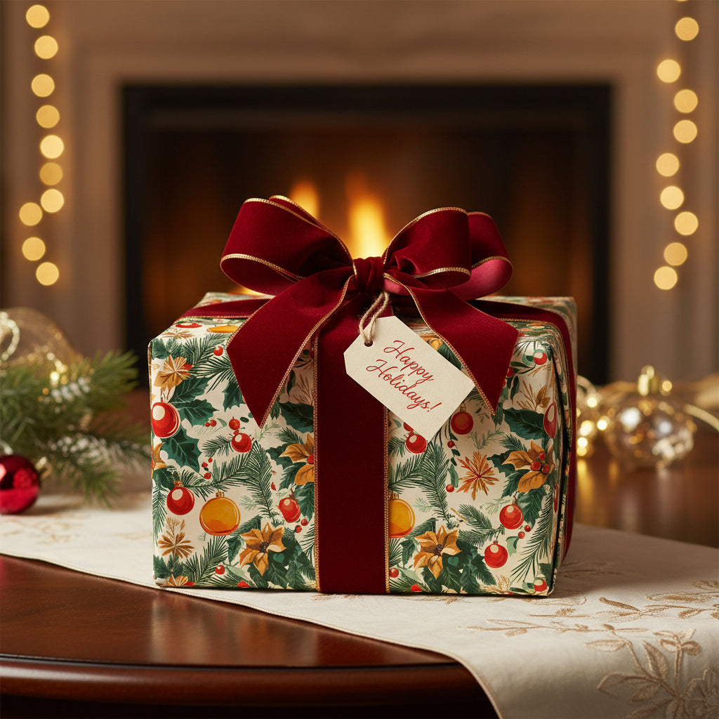 Elegant Christmas gift wrapped in festive floral paper with red velvet ribbon and "Happy Holidays" tag.