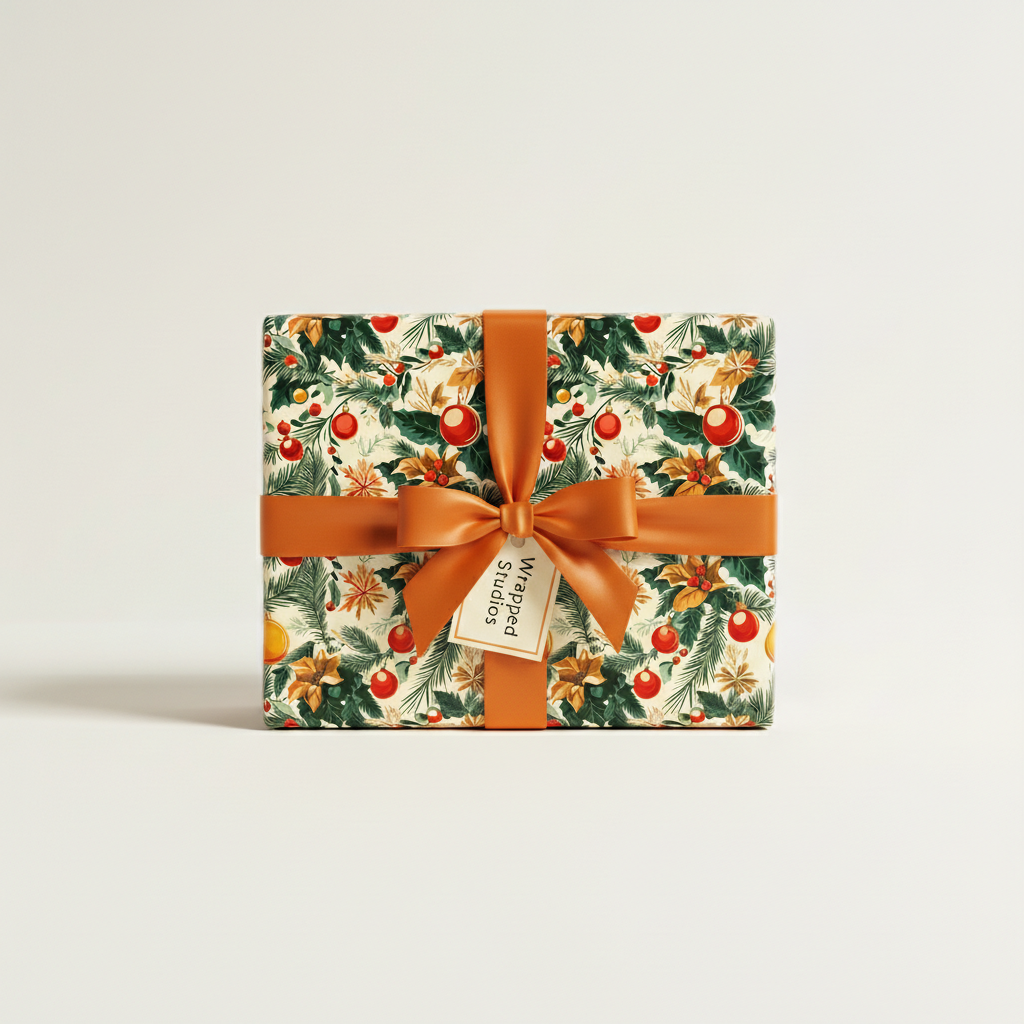 Square gift box wrapped in vintage Christmas floral wrapping paper with an orange satin ribbon and bow.