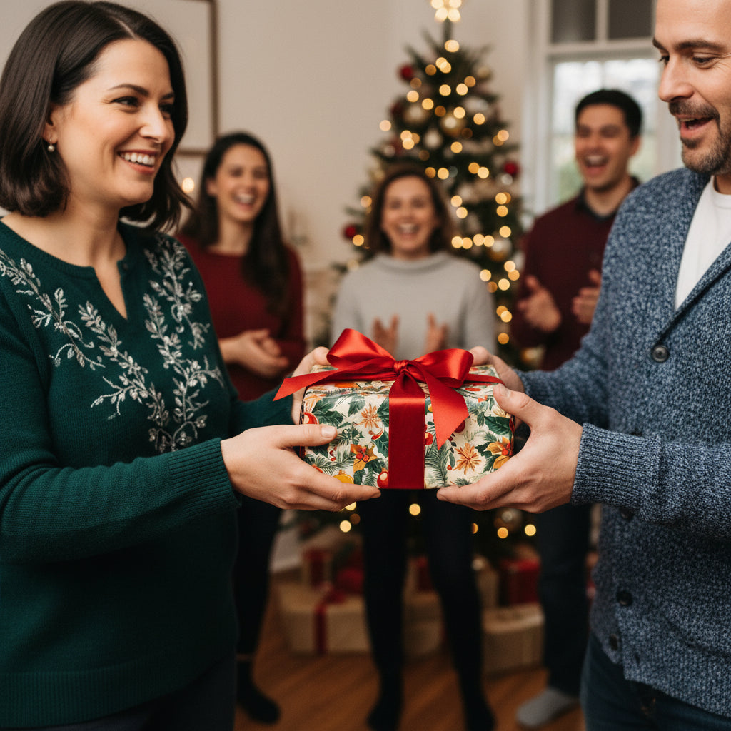 Woman receiving Christmas gift wrapped in floral paper with red ribbon bow, family celebrating.