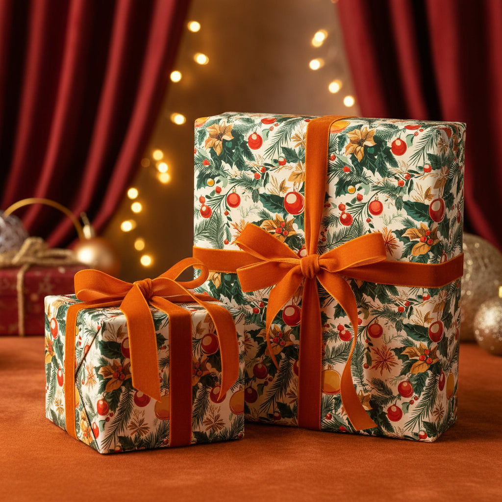 Festive gifts wrapped in floral Christmas wrapping paper with orange velvet ribbons, on a table.