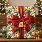 Elegant Christmas gift wrapped in floral paper with a large red satin bow and gold ornament details.