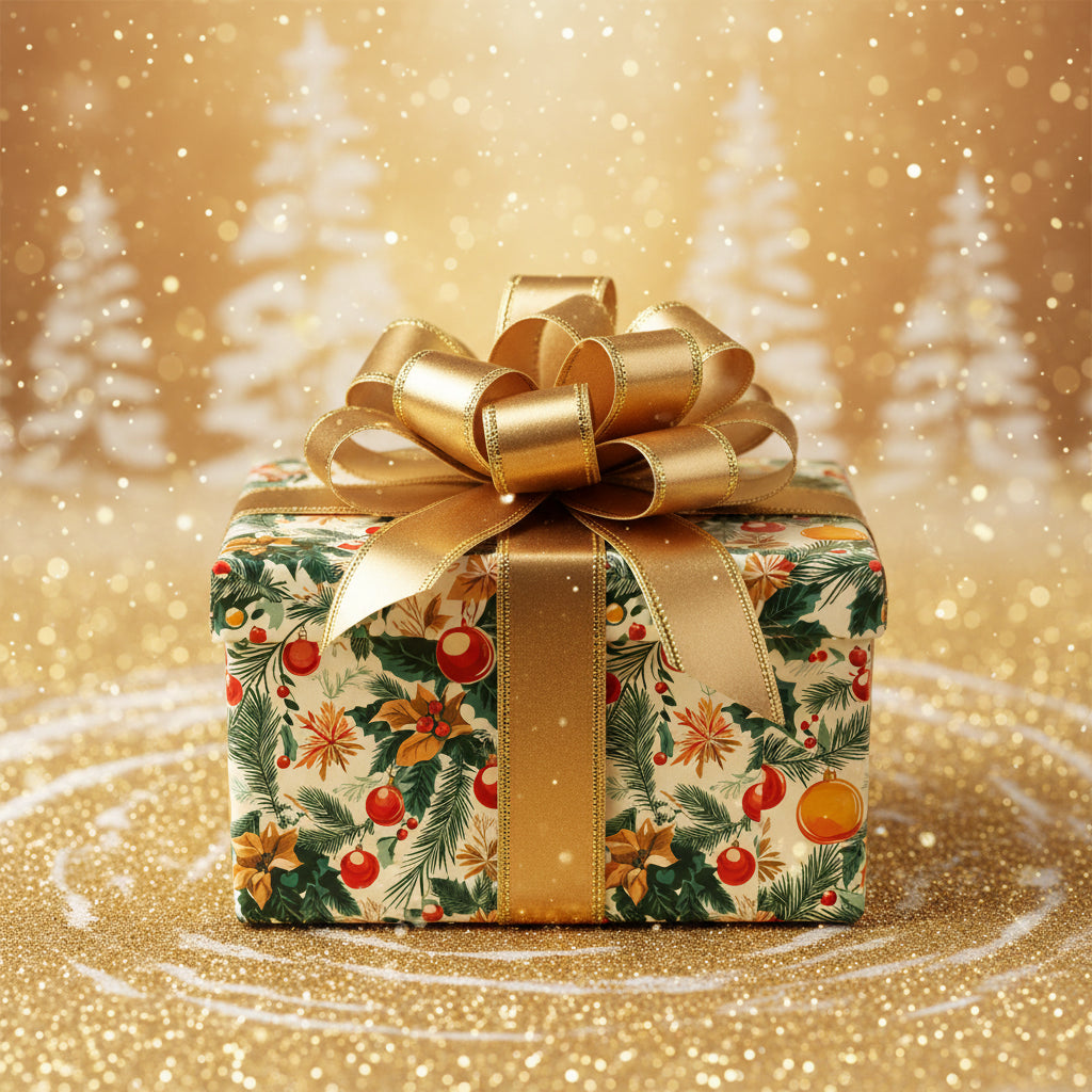 Elegant Christmas gift wrapped in festive floral wrapping paper with a large gold bow.