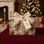 Elegant Christmas gift wrapped in floral paper with lace ribbon and "Merry Christmas" tag.