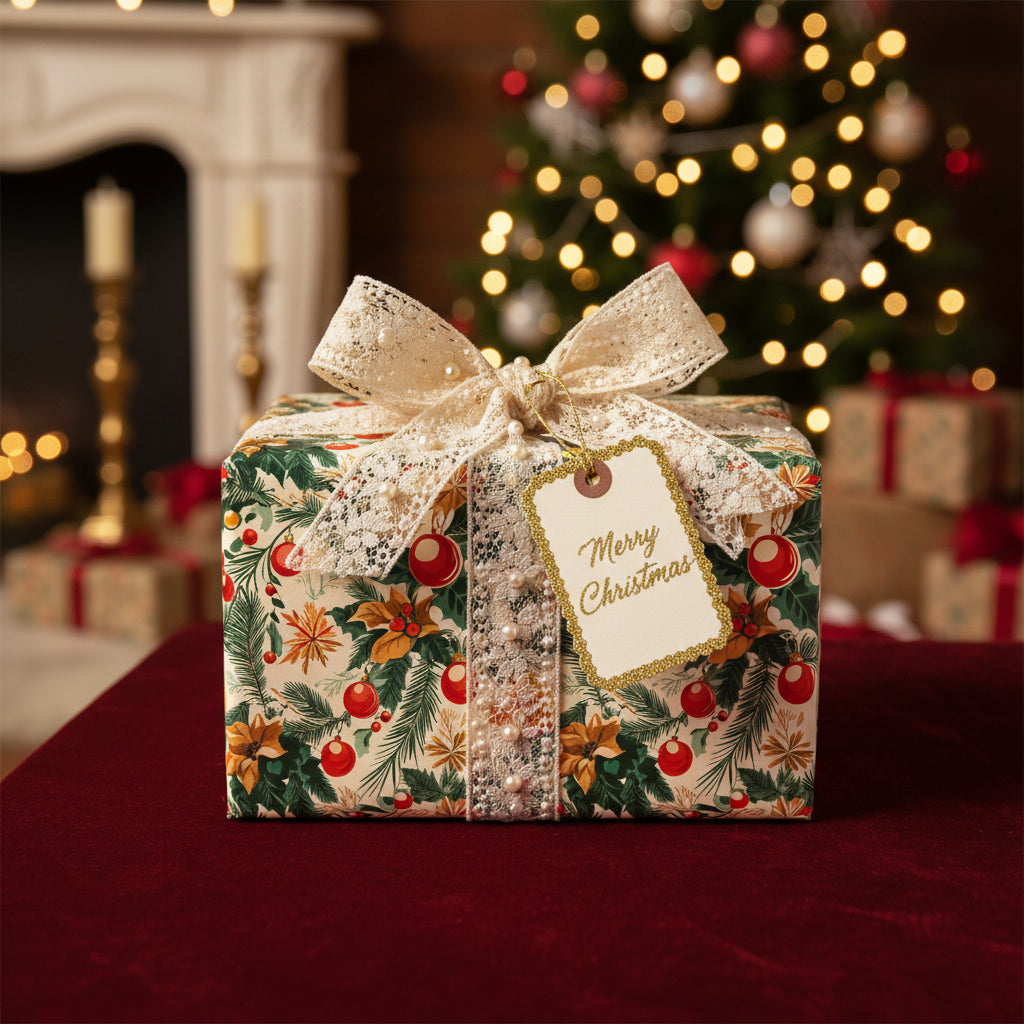 Elegant Christmas gift wrapped in floral paper with lace ribbon and "Merry Christmas" tag.
