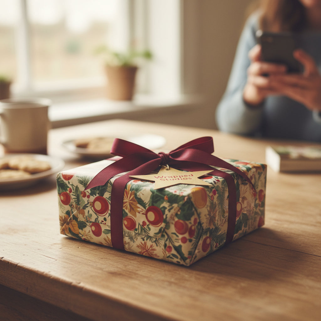 Holiday gift wrapped in floral Christmas wrapping paper with burgundy ribbon on wooden table.