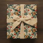 Elegant Christmas gift wrap with a floral pattern and velvet ribbon bow on a square gift box.