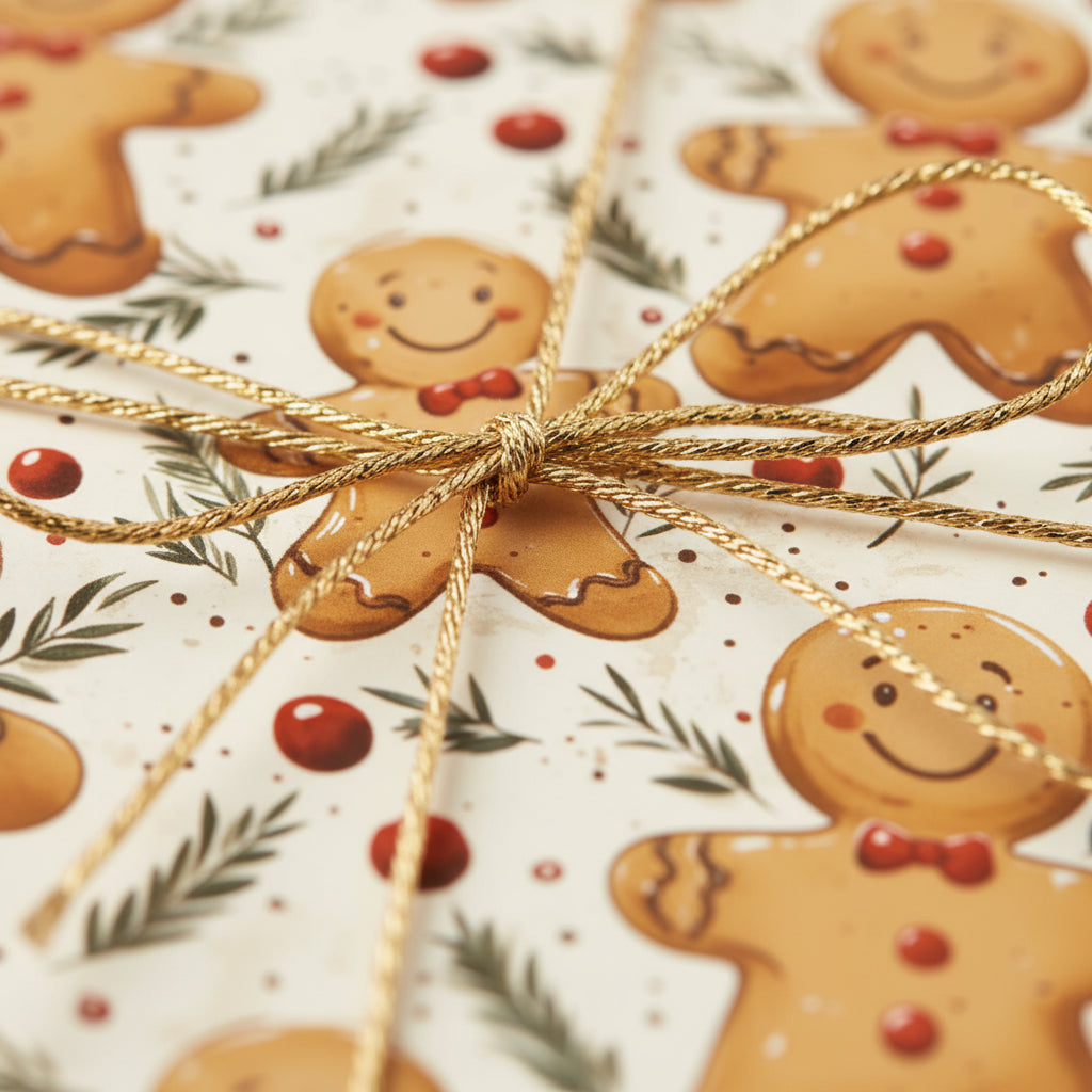 Gingerbread man Christmas wrapping paper with gold string.