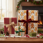 Festive Christmas gifts wrapped in gingerbread man paper with red and green velvet ribbons, arranged near a cozy fireplace.