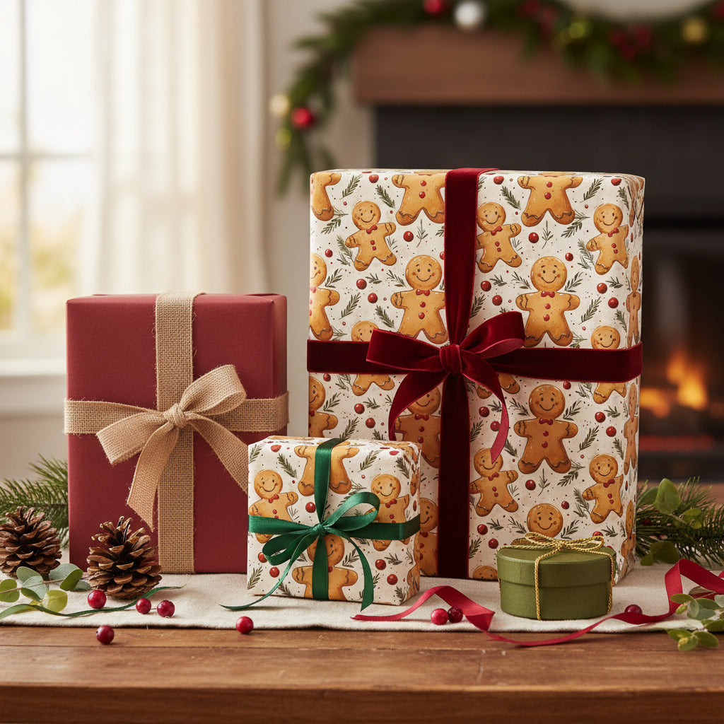 Festive Christmas gifts wrapped in gingerbread man paper with red and green velvet ribbons, arranged near a cozy fireplace.