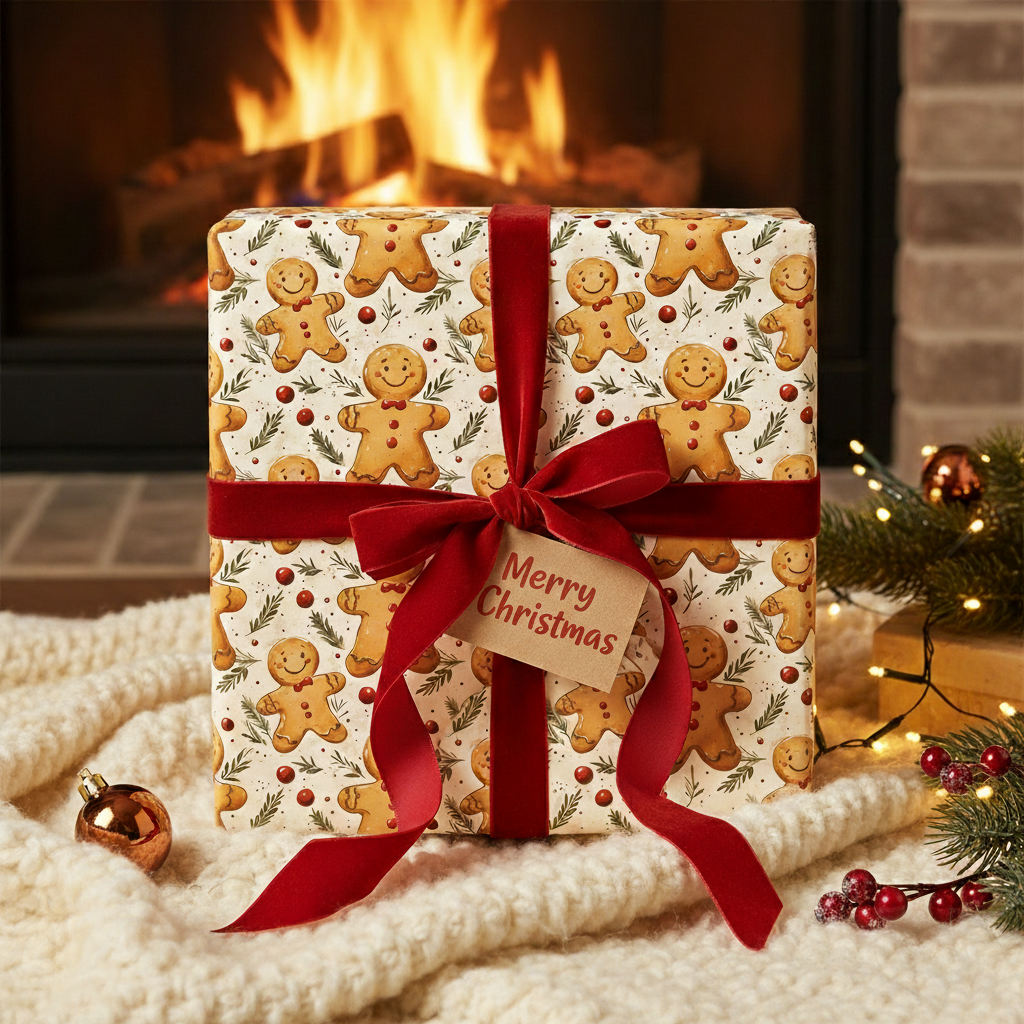 Gingerbread men Christmas gift wrapped with red velvet ribbon in front of fireplace.