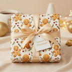 Christmas gift wrapped in gingerbread man wrapping paper, tied with a gold satin ribbon and "Season's Greetings" tag.