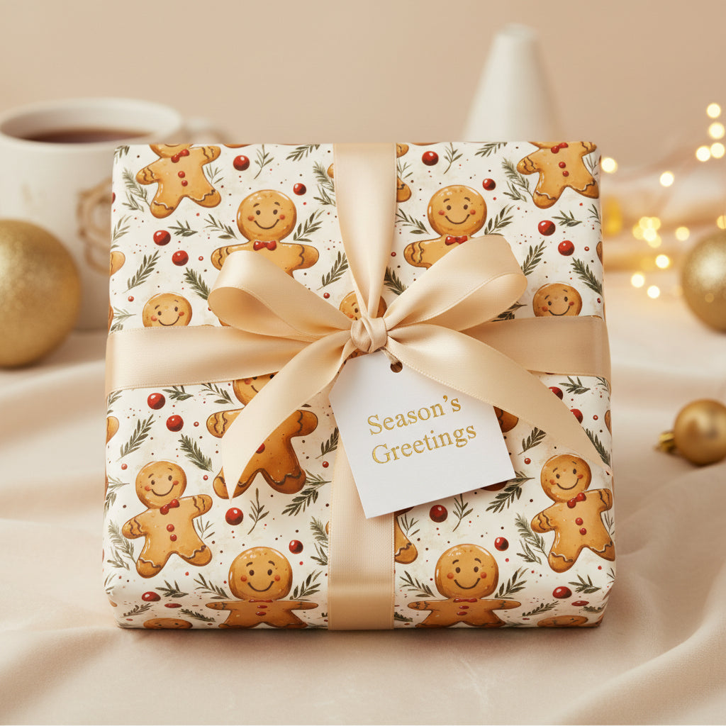 Christmas gift wrapped in gingerbread man wrapping paper, tied with a gold satin ribbon and "Season's Greetings" tag.
