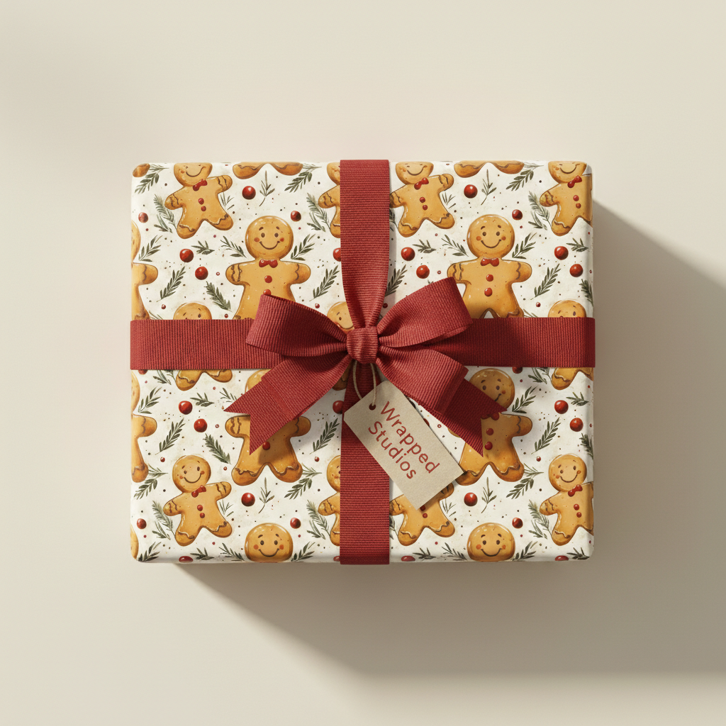 Gingerbread man Christmas wrapping paper with a red ribbon and bow.