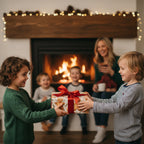 Kids exchanging a gift wrapped in festive gingerbread Christmas wrapping paper with a red ribbon.