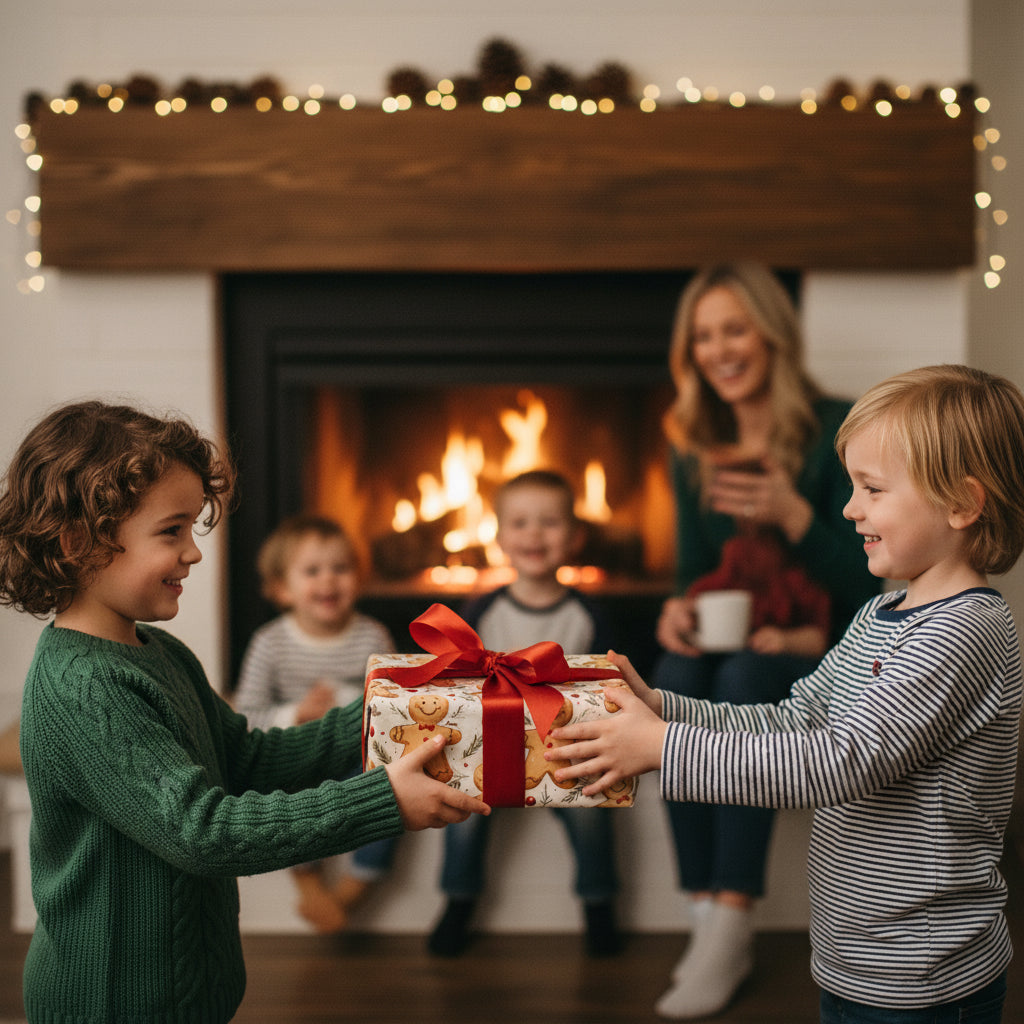 Kids exchanging a gift wrapped in festive gingerbread Christmas wrapping paper with a red ribbon.