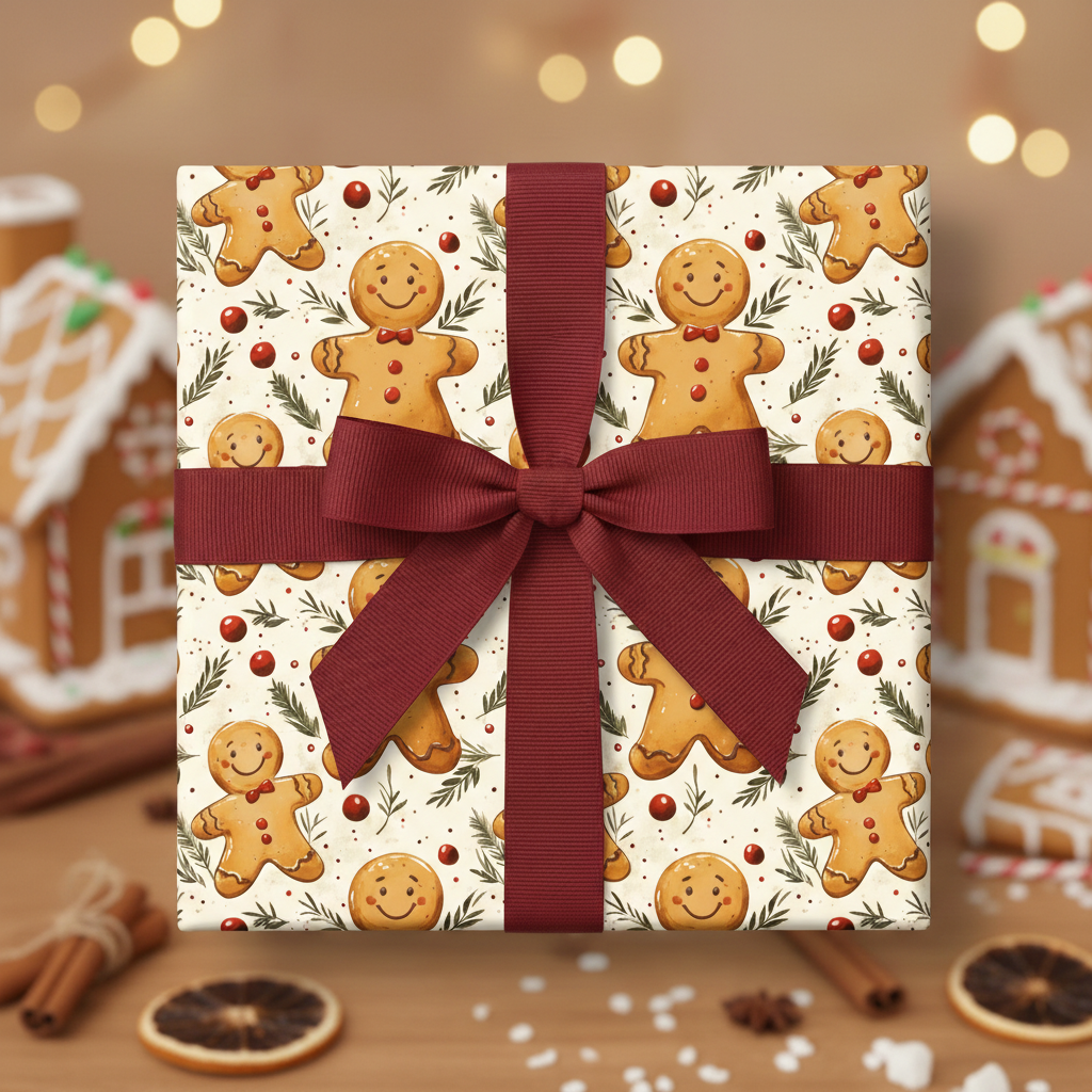 Square gift wrapped in gingerbread man Christmas gift wrap with maroon ribbon, with gingerbread houses in background.