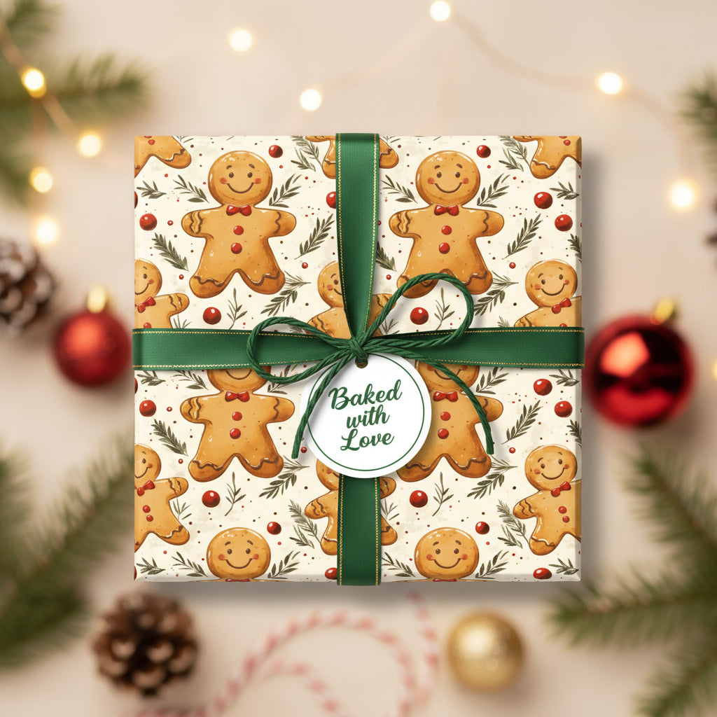 Gingerbread man Christmas gift wrap with green ribbon and "Baked with Love" tag.