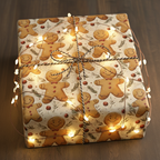 Wrapped gift in gingerbread man Christmas wrapping paper with fairy lights and twine bow.