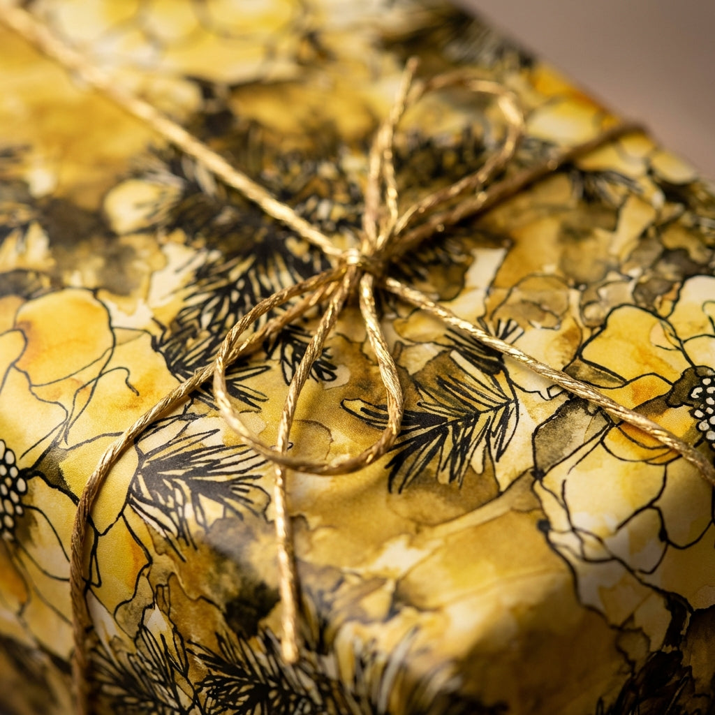 Elegant floral wrapping paper in gold hues, tied with a gold string bow.